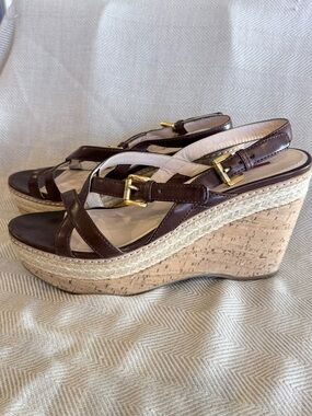 Prada Brown Leather Wedge Espadrille Sandals with Gold Buckles